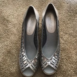 Apostrophe silver wedge peak a boo shoes